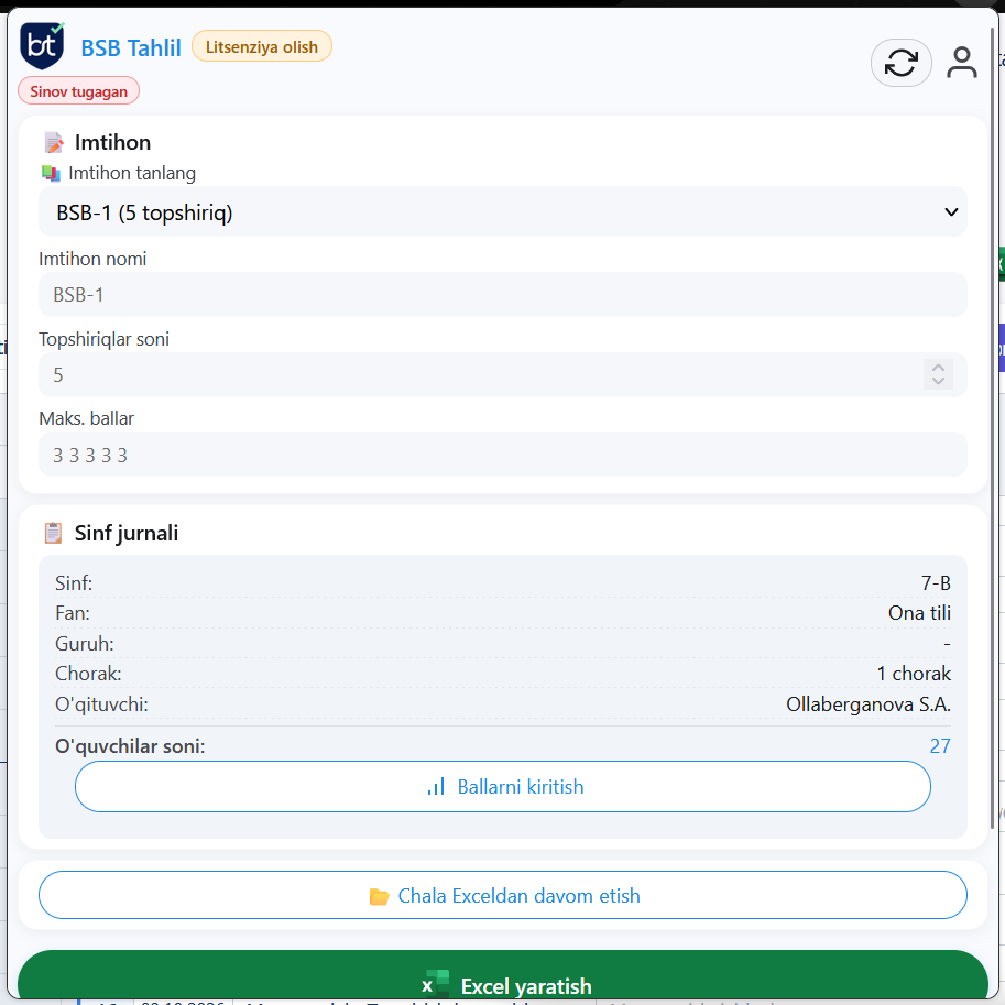BSB Tahlil popupidagi Sinov tugagan holati
