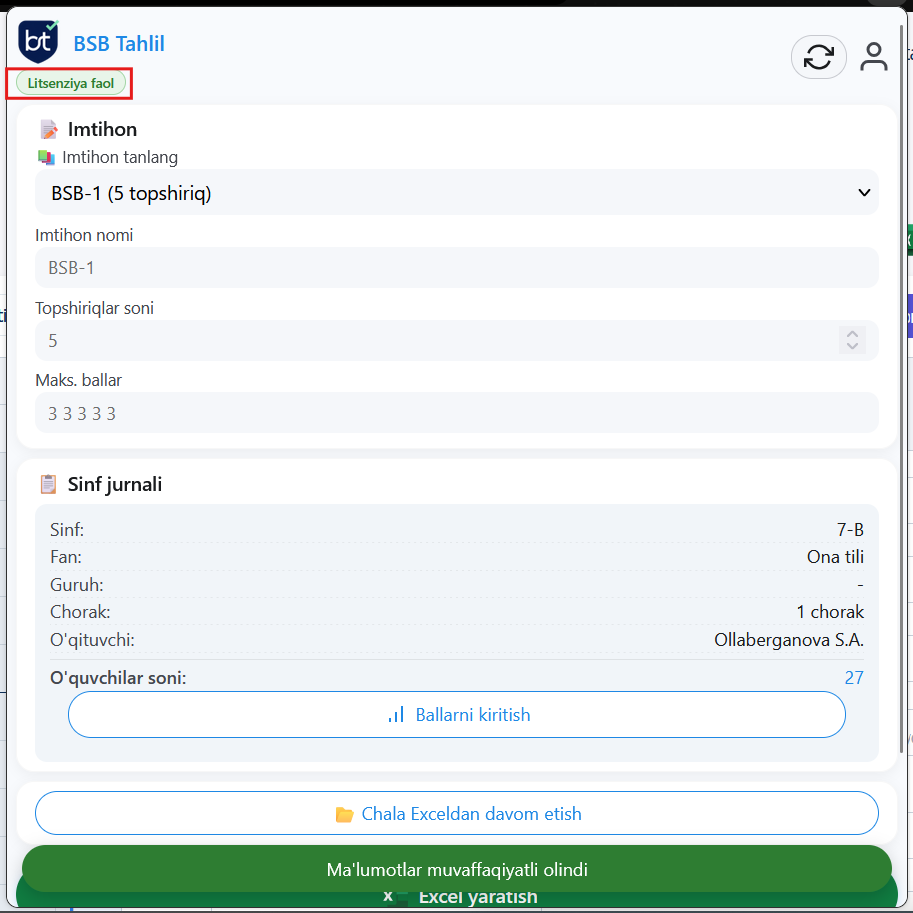 BSB Tahlil popupidagi Litsenziya faol holati