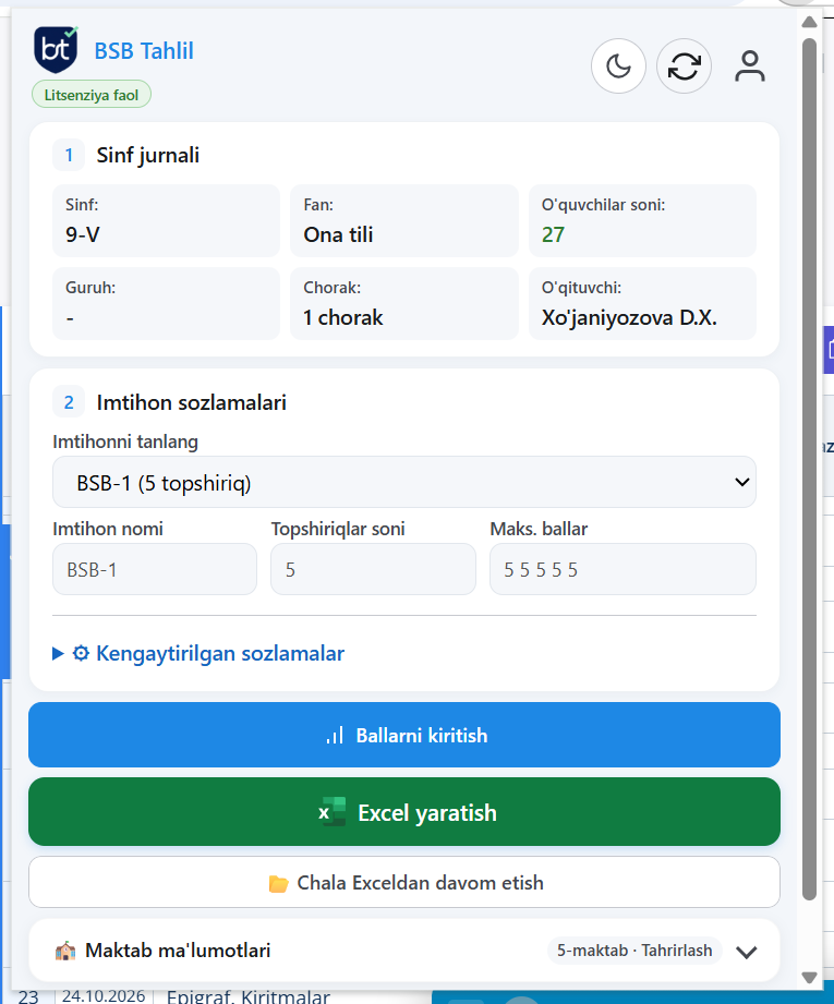 BSB Tahlilning sinf jurnali, imtihon sozlamalari va asosiy tugmalari