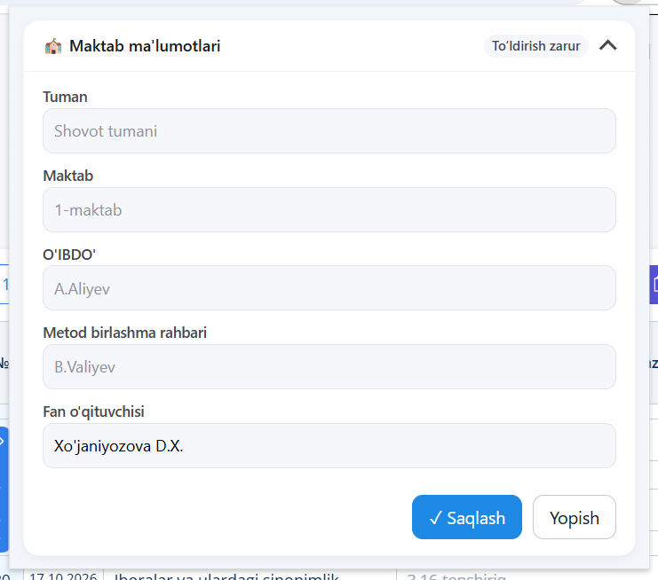 Tuman, maktab va hisobot uchun mas’ullar ma’lumotlarini tahrirlash oynasi